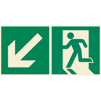 Nooduitgang pictogram links met pijl schuin omlaag ISO7010+