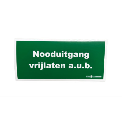 Pictogram "Nooduitgang vrijlaten a.u.b." 209mm bij 98mm, groen met witte letters