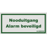 Pictogram "Nooduitgang Alarm beveiligd" 209mm bij 98mm, wit met groene letters