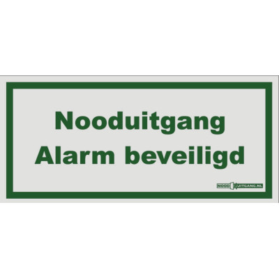 Pictogram "Nooduitgang Alarm beveiligd" 209mm bij 98mm, wit met groene letters