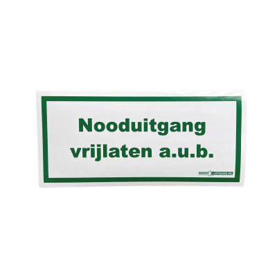 Pictogram "Nooduitgang vrijlaten a.u.b." 209mm bij 98mm, wit met groene letters