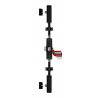 Push pad exit hardware DX 5-series, three point locking with a rim panic latch and upper and lower side pullman latches, basis black, push pad red