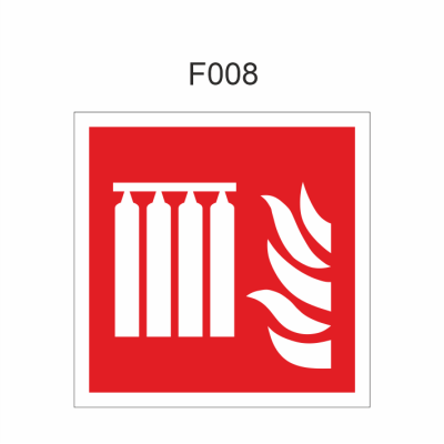 Pictogram van een vaste brandblusinstallatie (batterij) 150x150mm, volgens ISO 7010 folie